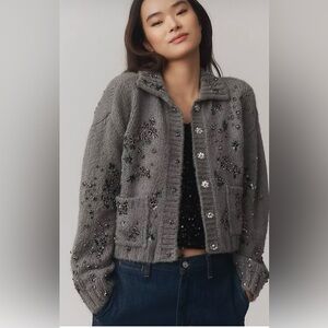 NWT Pilcro Embellished Floral Collared Cardigan Sweater